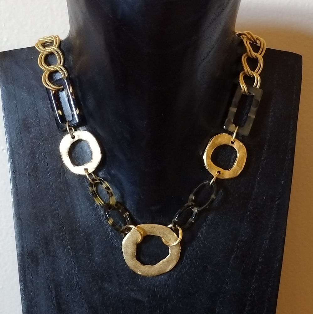 Susan Shaw Gold and Tortoise Link Necklace Triple 24kt Gold Hand Cast Plated EUC